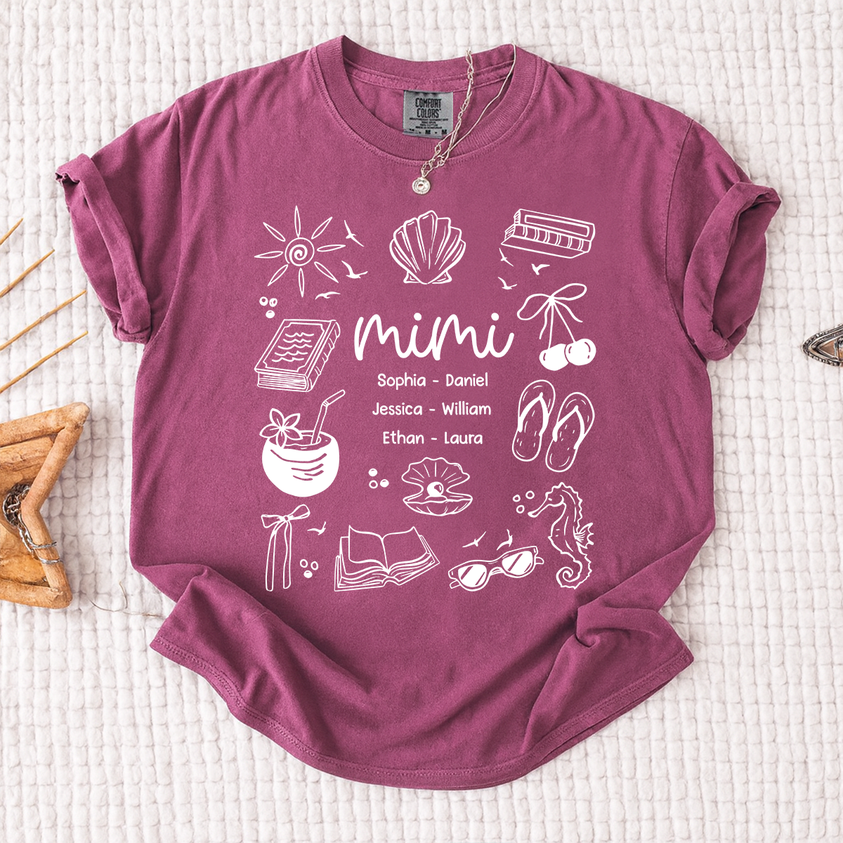 Comfort Colors Personalized Mimi Shirt with Grandkids Names, Custom Coastal Summer Tee, Beach Inspired Family Gift for Grandma and Mimi