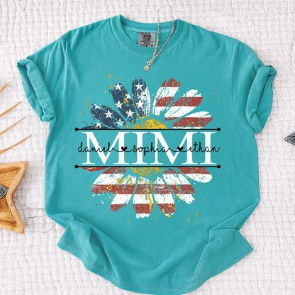 Comfort Mimi Daisy Shirt With American Flag Print, Custom Name, Floral Design, Personalized Family t-shirt