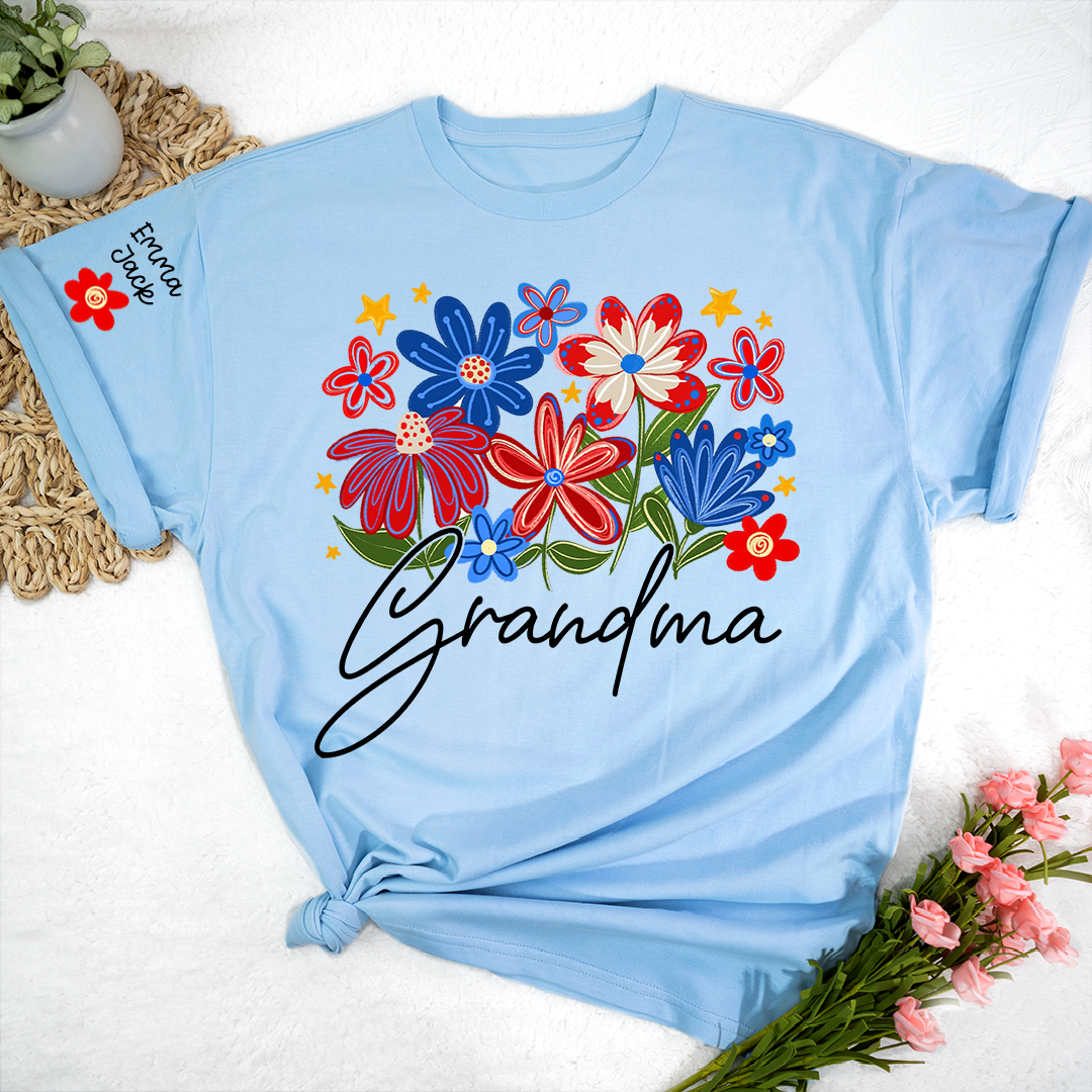 Grandma T-shirt With Heart And Flower Print, Custom Pinted Family Names
