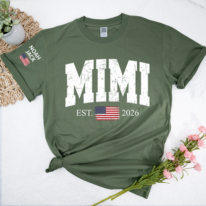 Patriotic Mimi T Shirt, Vintage American Flag Design with Custom Grandkids Names