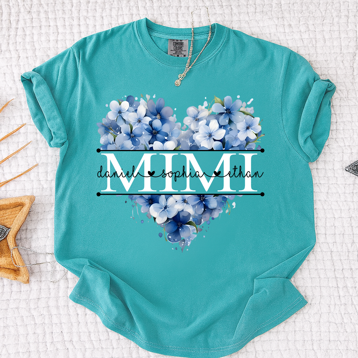 Comfort Colors Personalized Mimi Shirt with Blue Floral Heart Design, Custom Grandma Gift with Grandkids Name
