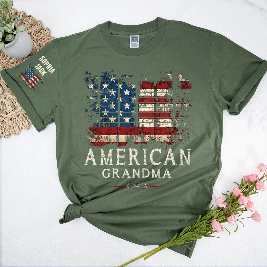 Personalized 4th of July Grandma T-Shirt, Distressed US Flag Gift for Grandmother