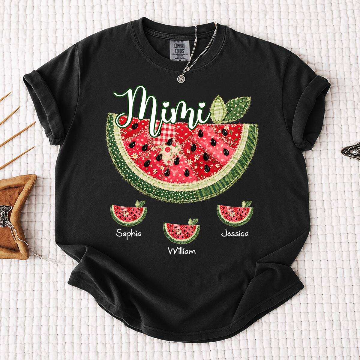 Comfort Colors Custom Mimi Watermelon Patchwork Tee, Personalized Grandma Shirt with Kids Names, Summer Vacation Family Gift for Women