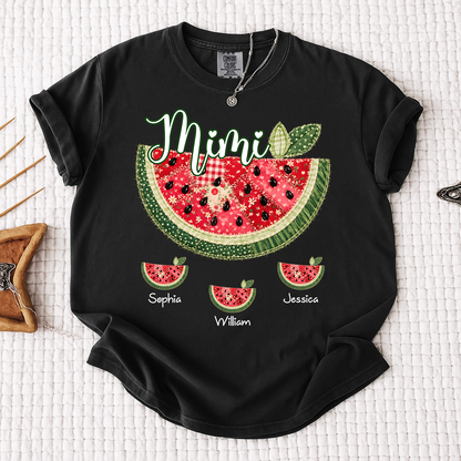 Comfort Colors Custom Mimi Watermelon Patchwork Tee, Personalized Grandma Shirt with Kids Names, Summer Vacation Family Gift for Women