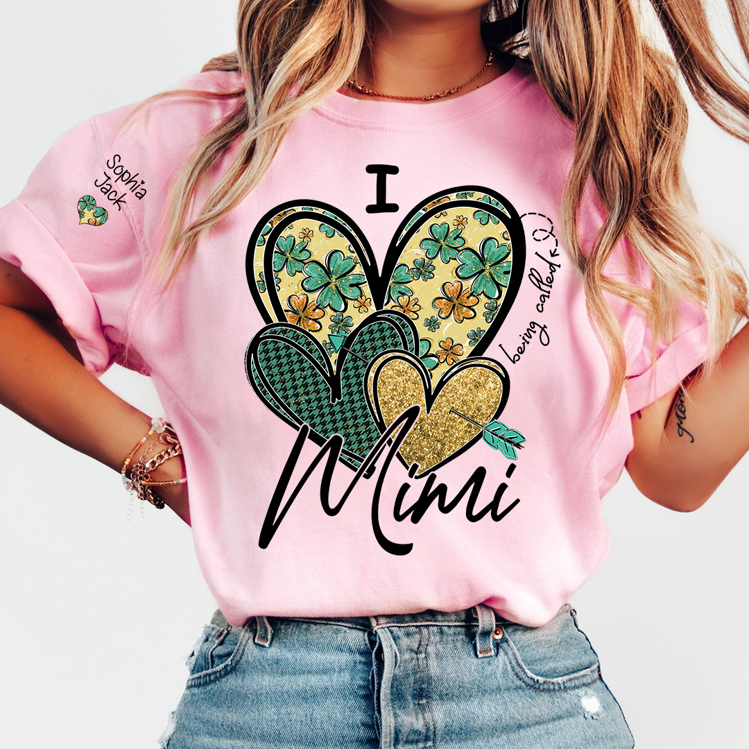 I Love to Be Called Mimi Heart Design T-shirt For St. Patrick's Day, Personalized Clover Design T-shirt for Grandma with Grandchildren's Names