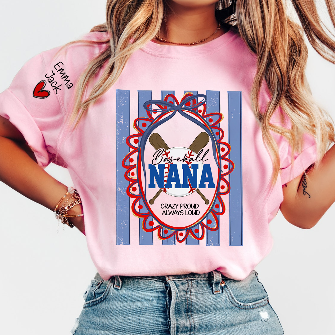 Custom Baseball Coquette Nana Shirt for Game Day, Personalized Kids Names Sports Grandma Tee