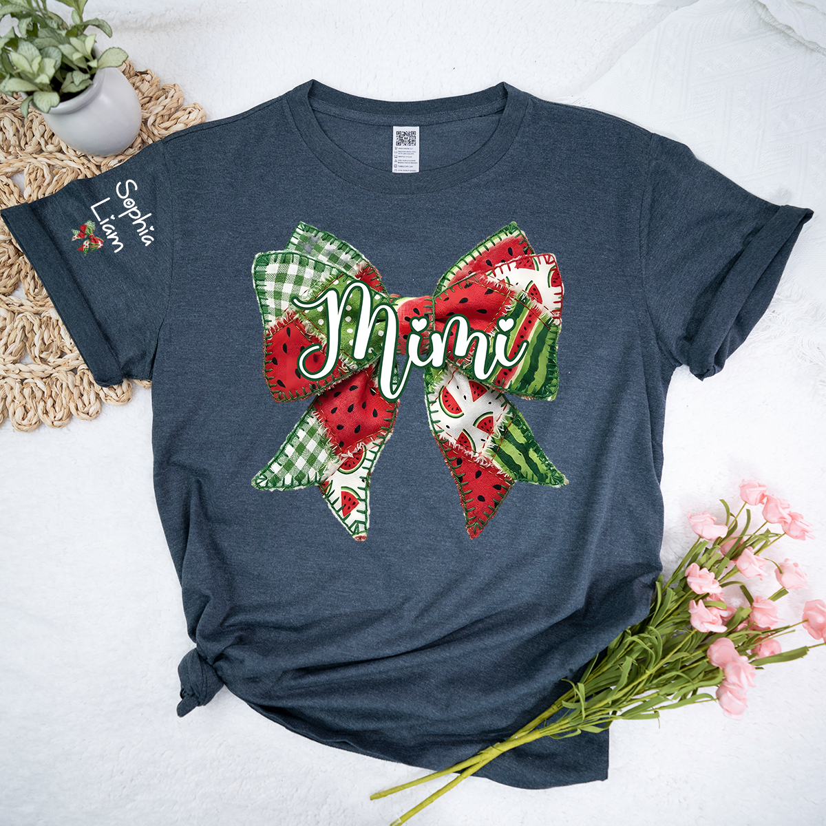 Personalized Mimi Watermelon Bow Shirt, Custom Grandma T Shirt with Grandkids Names, Summer Family Tee for Nana Gigi Mimi