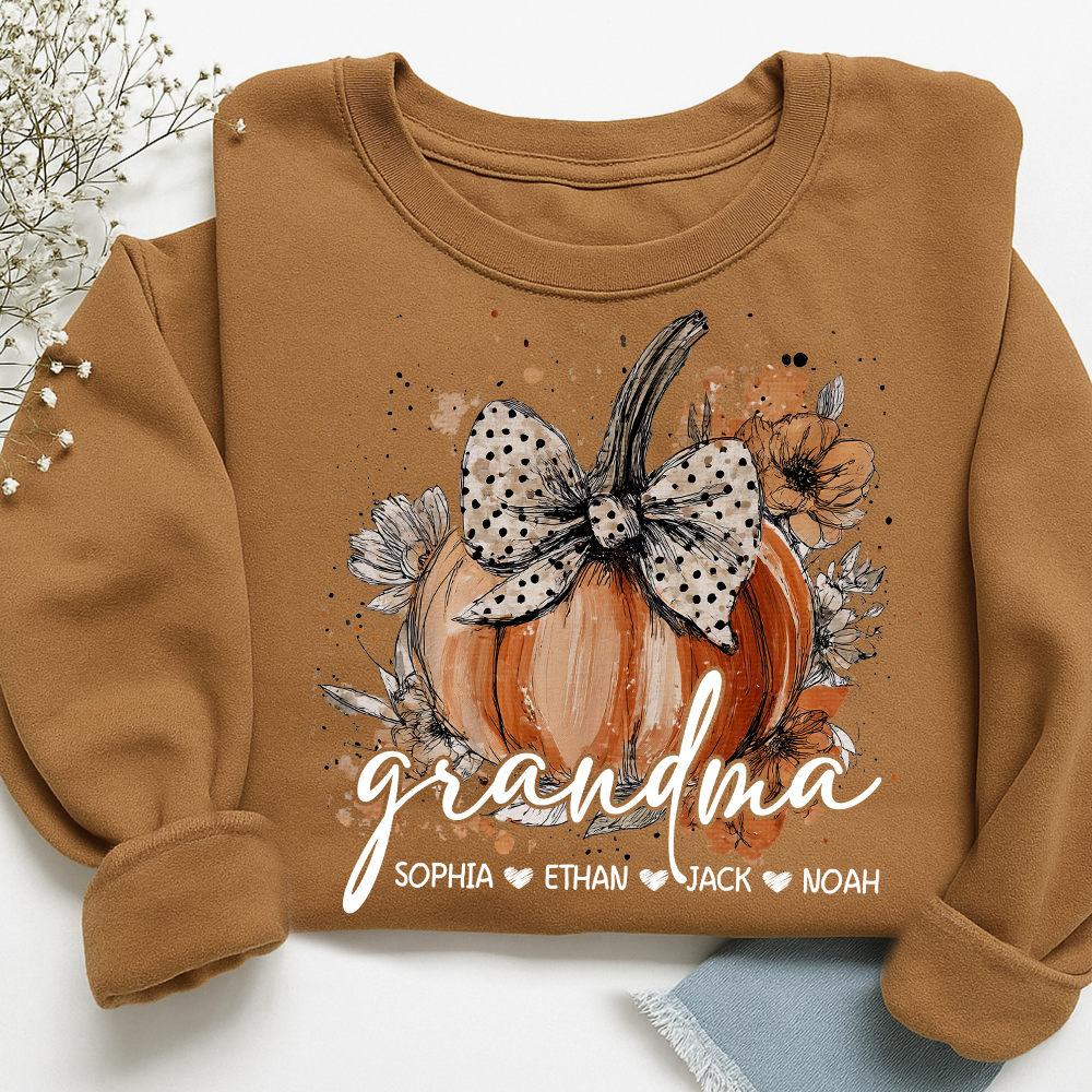Custom Grandma Pumpkin Shirt, Cozy Autumn Sweatshirt with Kids Names