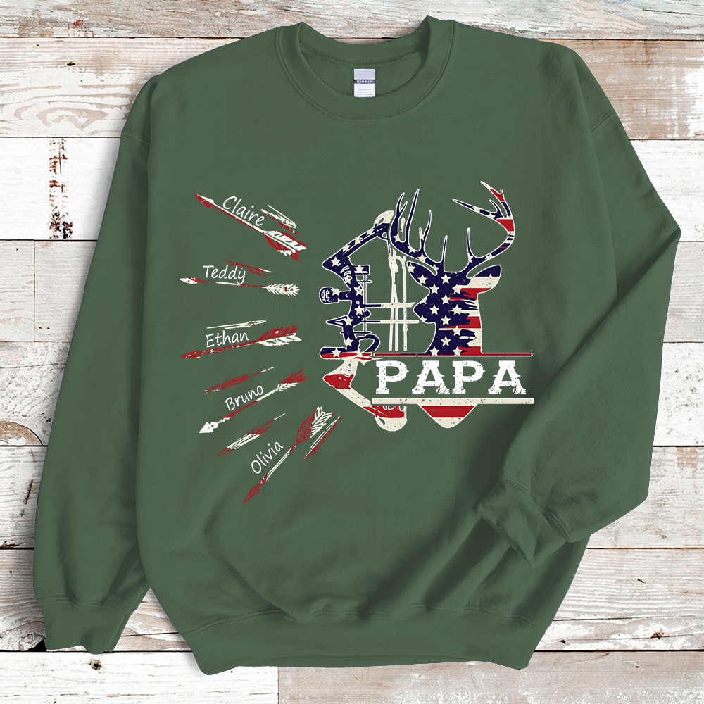 Papa Bow Hunting USA Flag Personalized Grandpa Sweatshirt