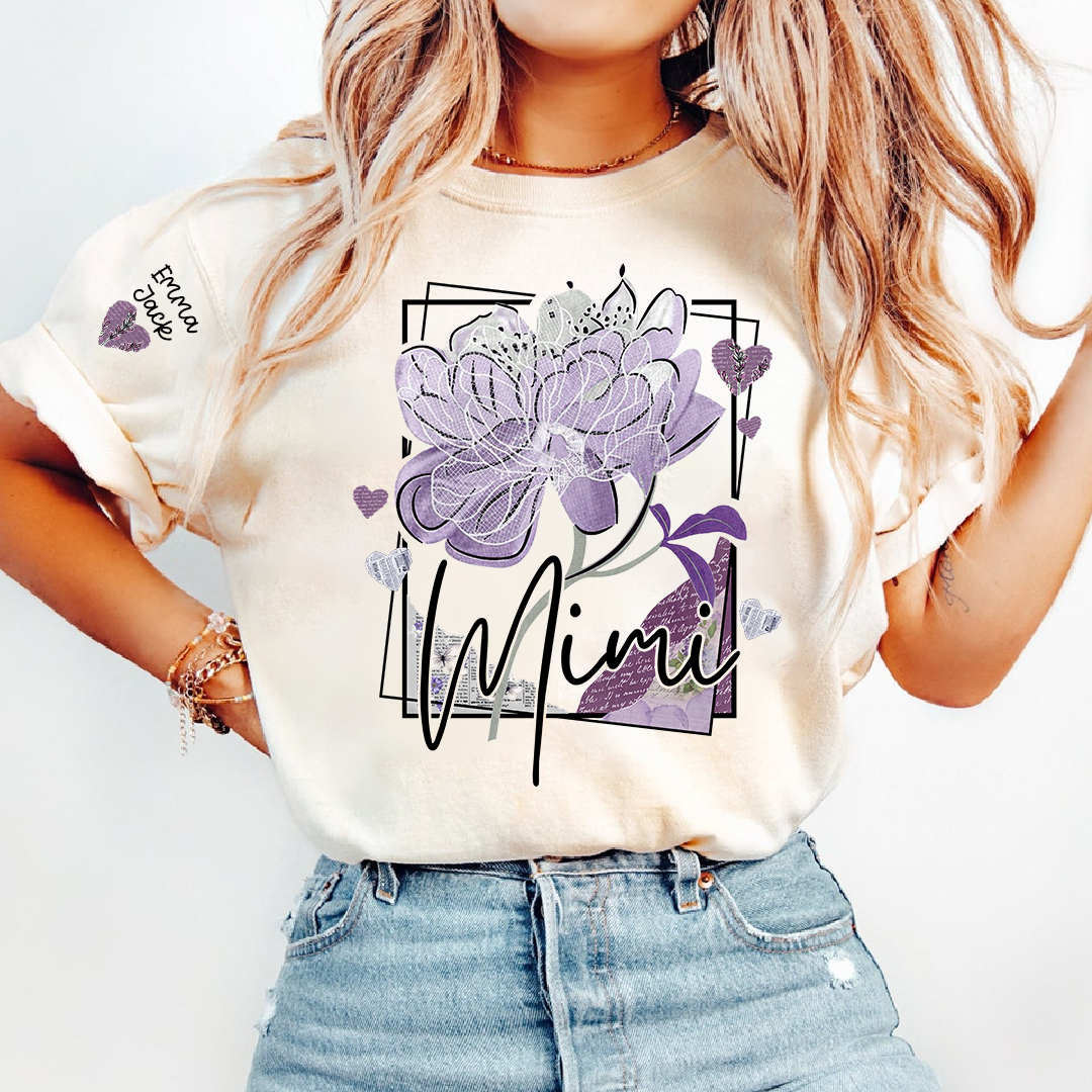 Personalized Mimi Shirt – Floral Mimi T-Shirt with Custom Name and Elegant Purple Design