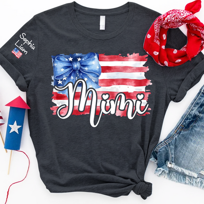 Personalized Mimi American Flag T Shirt with Blue Bow, Custom Mom Gift for Independence Day