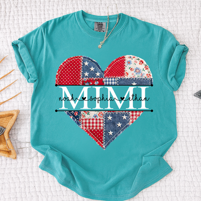 Comfort Colors Personalized Mimi Shirt with Grandkids Names, Patriotic Heart Patchwork Design