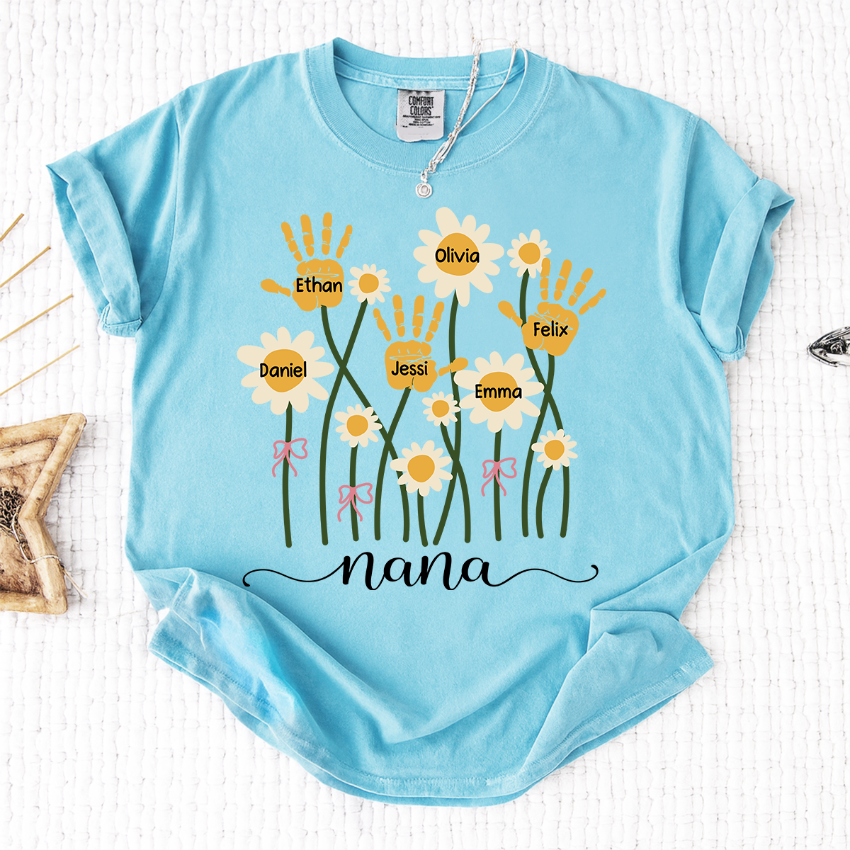 Comfort Colors Personalized Nana Shirt, Custom Handprint Daisy Flower Design, Grandkids Names Tee, Mother's Day Gift for Nana