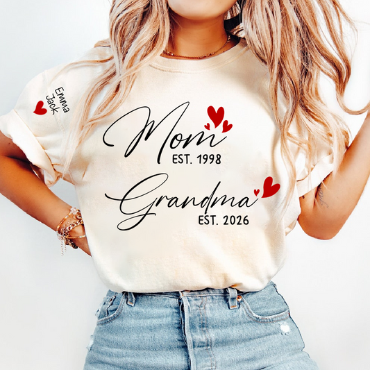 Personalized Mom and Grandma T-Shirt, Custom EST Year T-Shirt with Heart Design for Family
