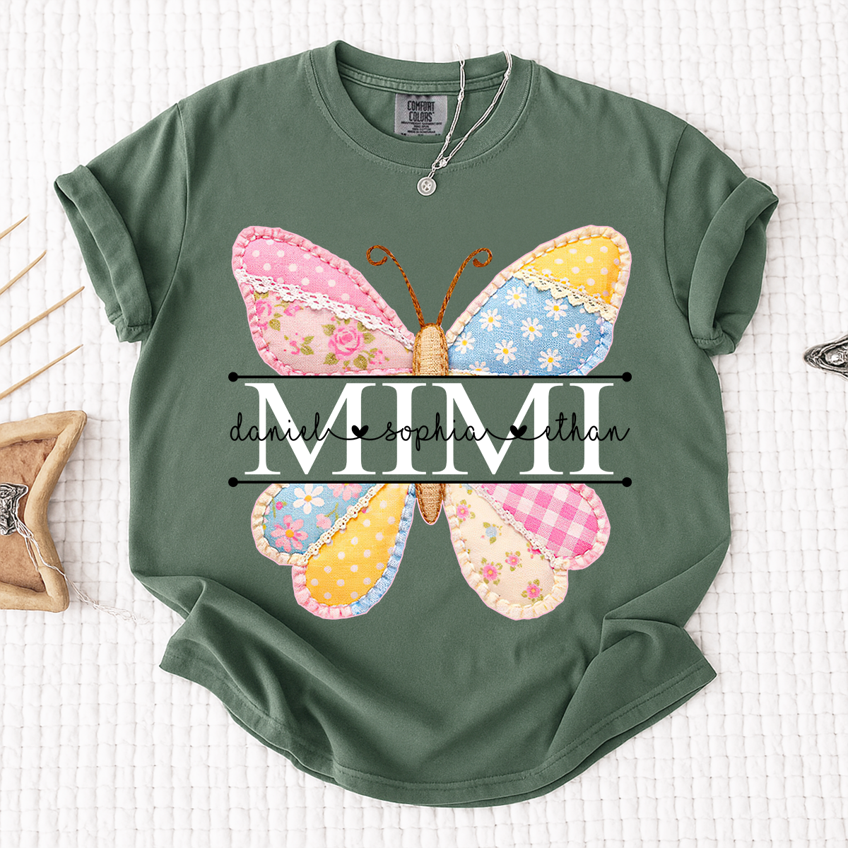 Comfort Colors Vibrant Mimi Shirt with Pink and Yellow Butterfly Patchwork, Custom Grandkids Names