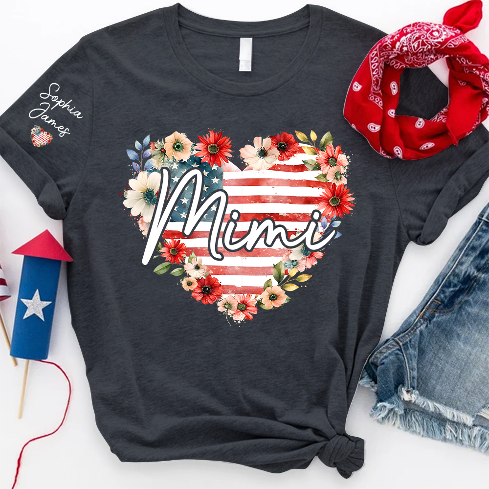 Floral Heart Mimi Shirt – Personalized Family Names with American Flag Design, Great Gift for Mimi