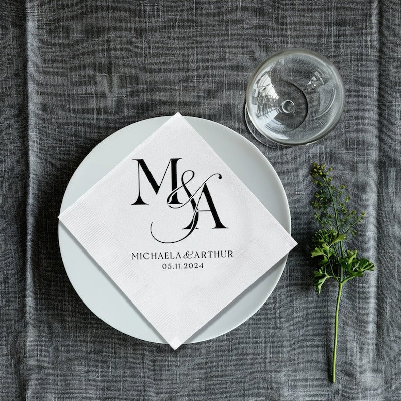 Monogram Initial Cocktail Napkins | Wedding Cocktail Napkin | Rehearsal Dinner Napkins, Minimalist Wedding Decor | Wedding Reception Napkins