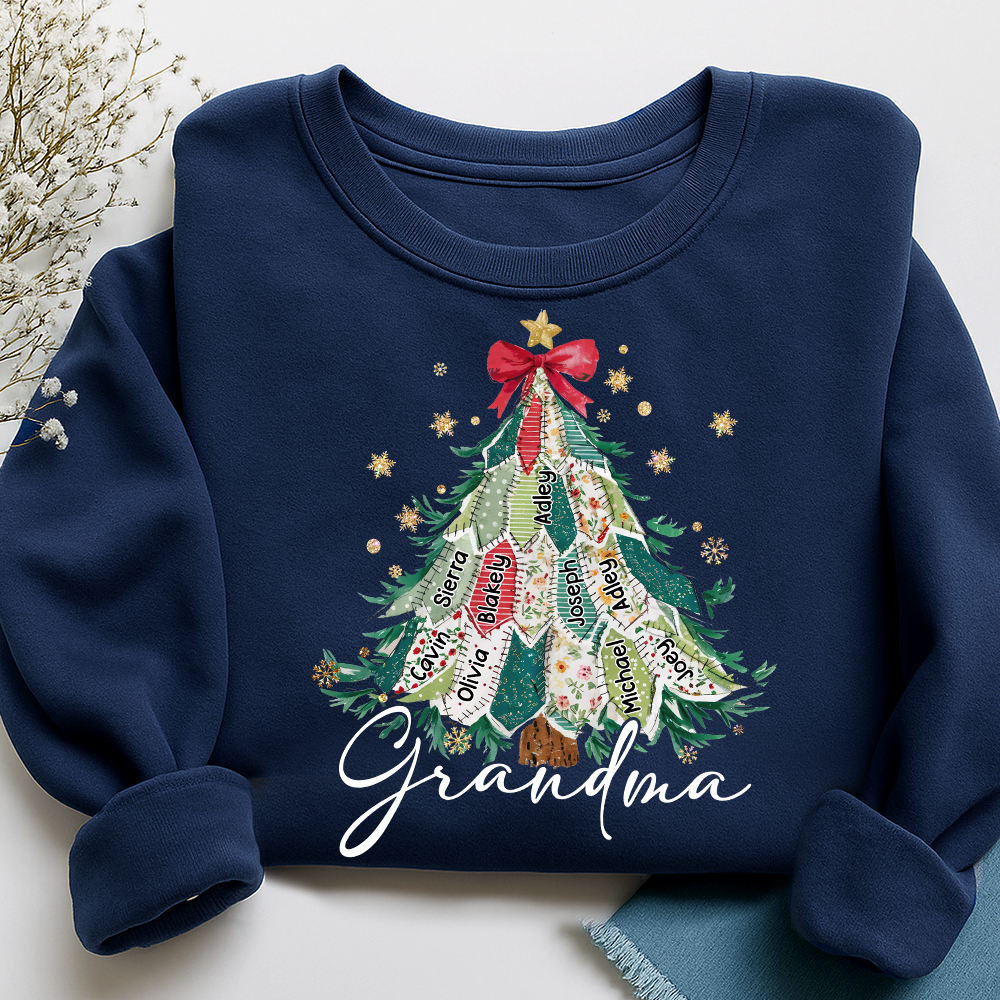 Personalized Grandma Christmas Sweatshirt, Custom Name Tree Ribbon Holiday Shirt