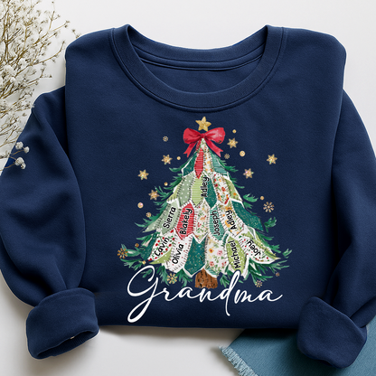Personalized Grandma Christmas Sweatshirt, Custom Name Tree Ribbon Holiday Shirt