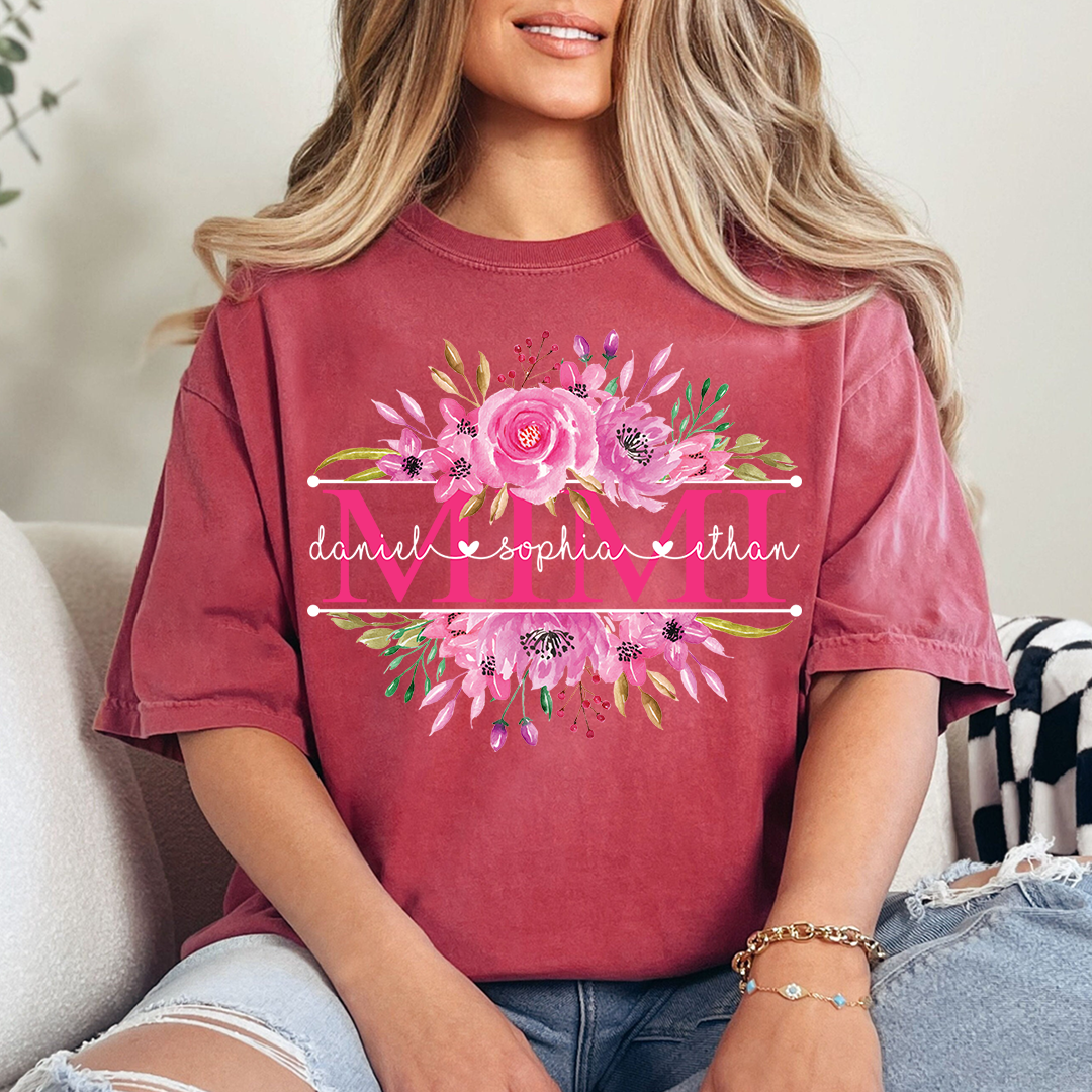 Custom Mimi T Shirt, Grandkids Names with Floral Rose Design Family Gift