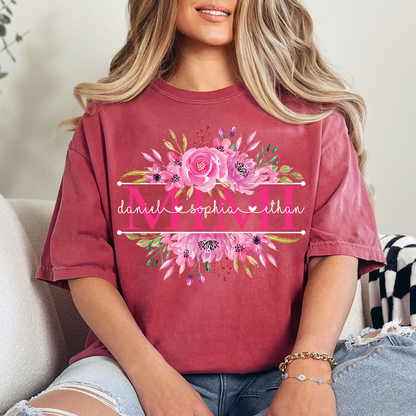 Custom Mimi T Shirt, Grandkids Names with Floral Rose Design Family Gift