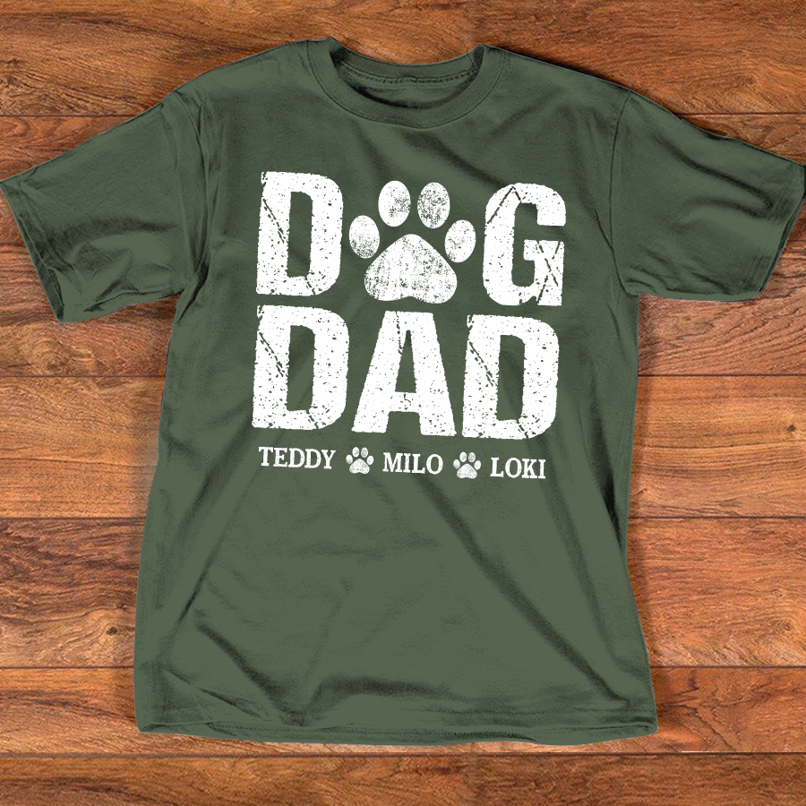 Custom Dog Dad T Shirt, Paw Print Design, Personalized with Dog Names, Perfect Gift for Dog Lovers