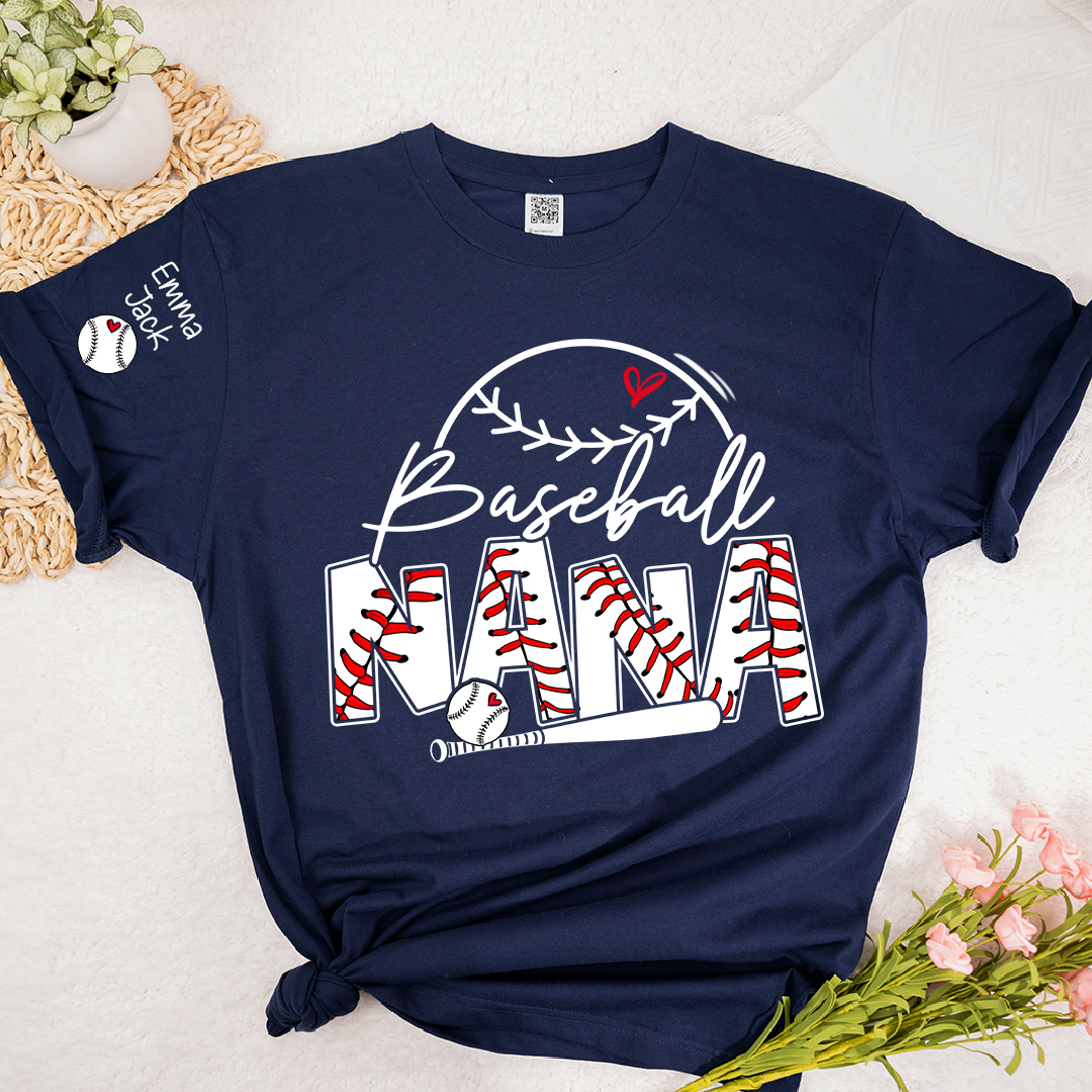 Baseball Nana Shirt Personalized with Grandkids Names, Sports Heart and Bat Family T Shirt
