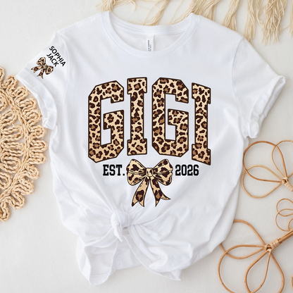 Custom Leopard Gigi, Personalized Heart T-shirt For Grandma And Kids