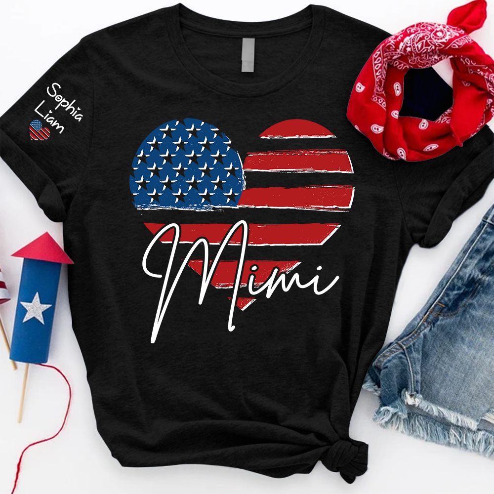 Personalized Mimi Shirt, American Flag Heart Design, Custom Name, Patriotic Fourth of July T Shirt, Independence Day Outfit