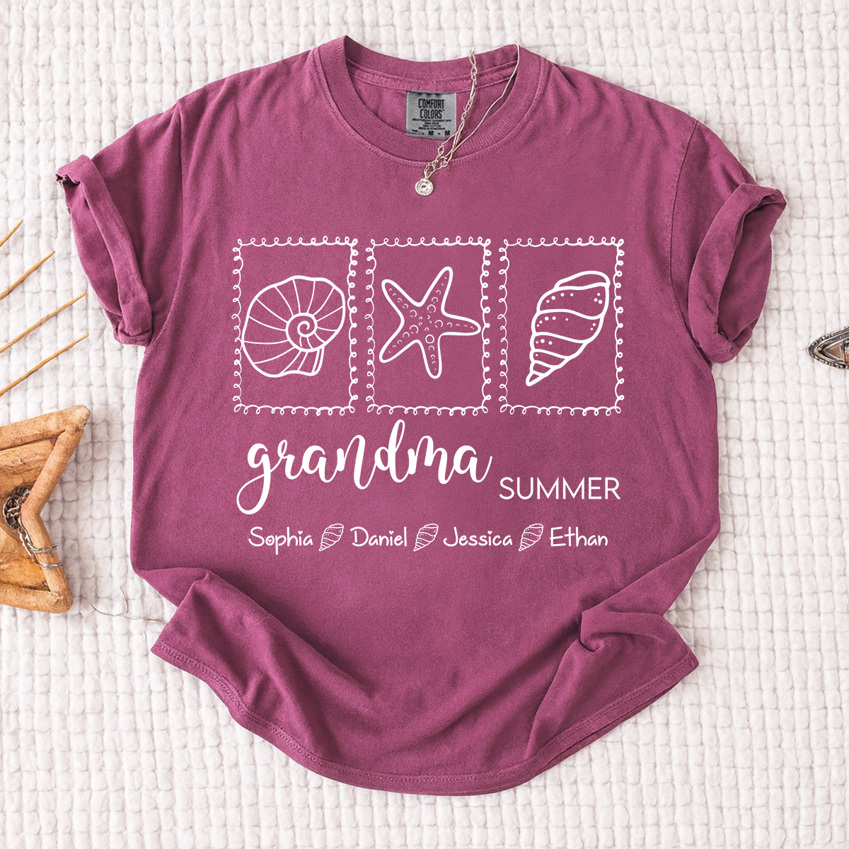 Comfort Colors Personalized Grandma Summer Shirt, Custom Grandkids Names Beach T-Shirt, Seashell Starfish Ocean Vacation Gift for Grandma