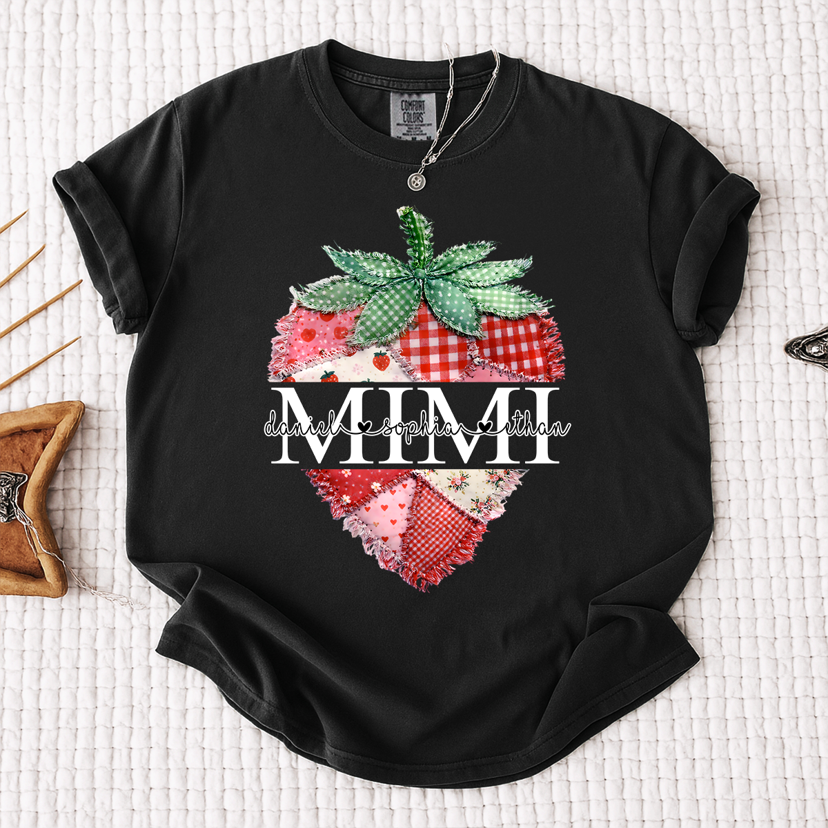 Comfort Colors Custom Mimi Strawberry Patchwork Tee, Personalized Grandma Shirt with Grandchildren Names, Birthday Christmas Family Gift