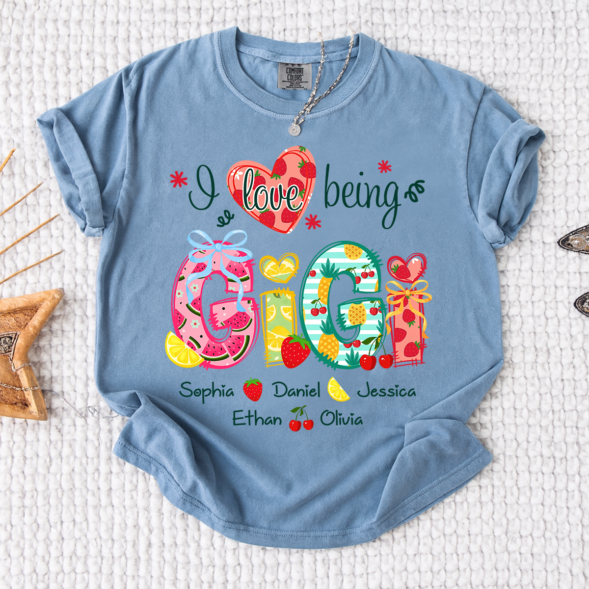 Comfort Colors I Love Being Gigi Shirt with Names, Personalized Fruit Pattern T-Shirt for Grandma, Summer Family Apparel