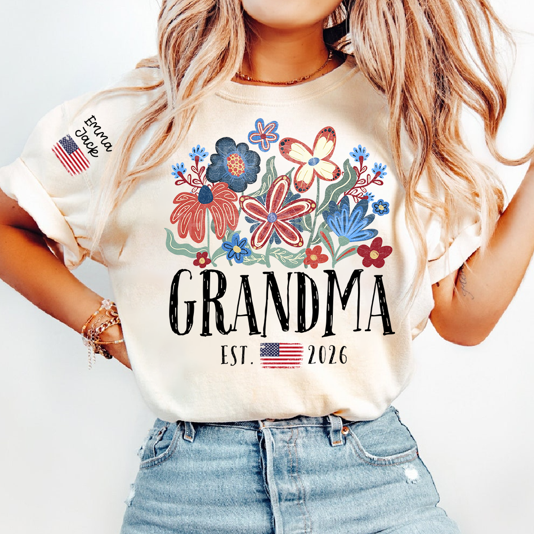 Personalized Flag America Grandma Floral Shirt with Custom Grandkids Names, Colorful Flower Design