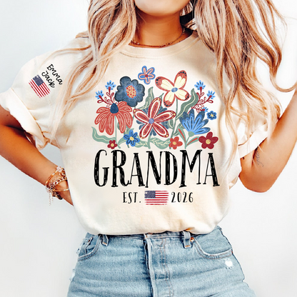 Personalized Flag America Grandma Floral Shirt with Custom Grandkids Names, Colorful Flower Design