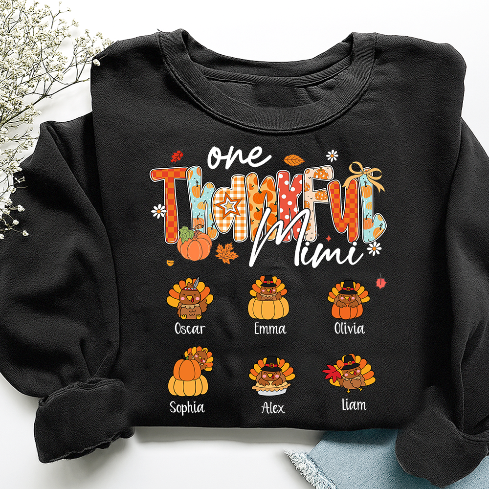 Personalized One Thankful Mimi Turkey Sweatshirt, Gift for Grandma and Kids