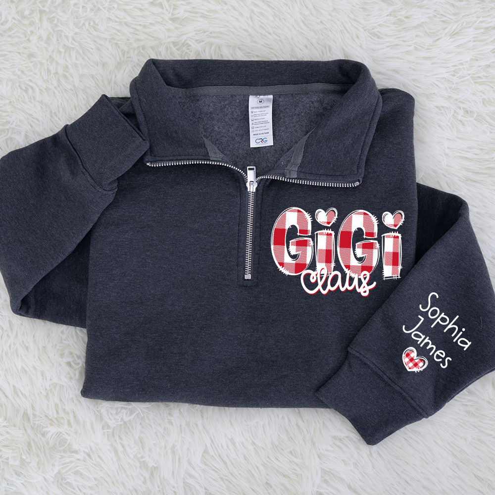 Personalized Gigi Claus Zip Sweatshirt – Custom Name Buffalo Plaid Christmas Sweatshirt Gift For Grandma