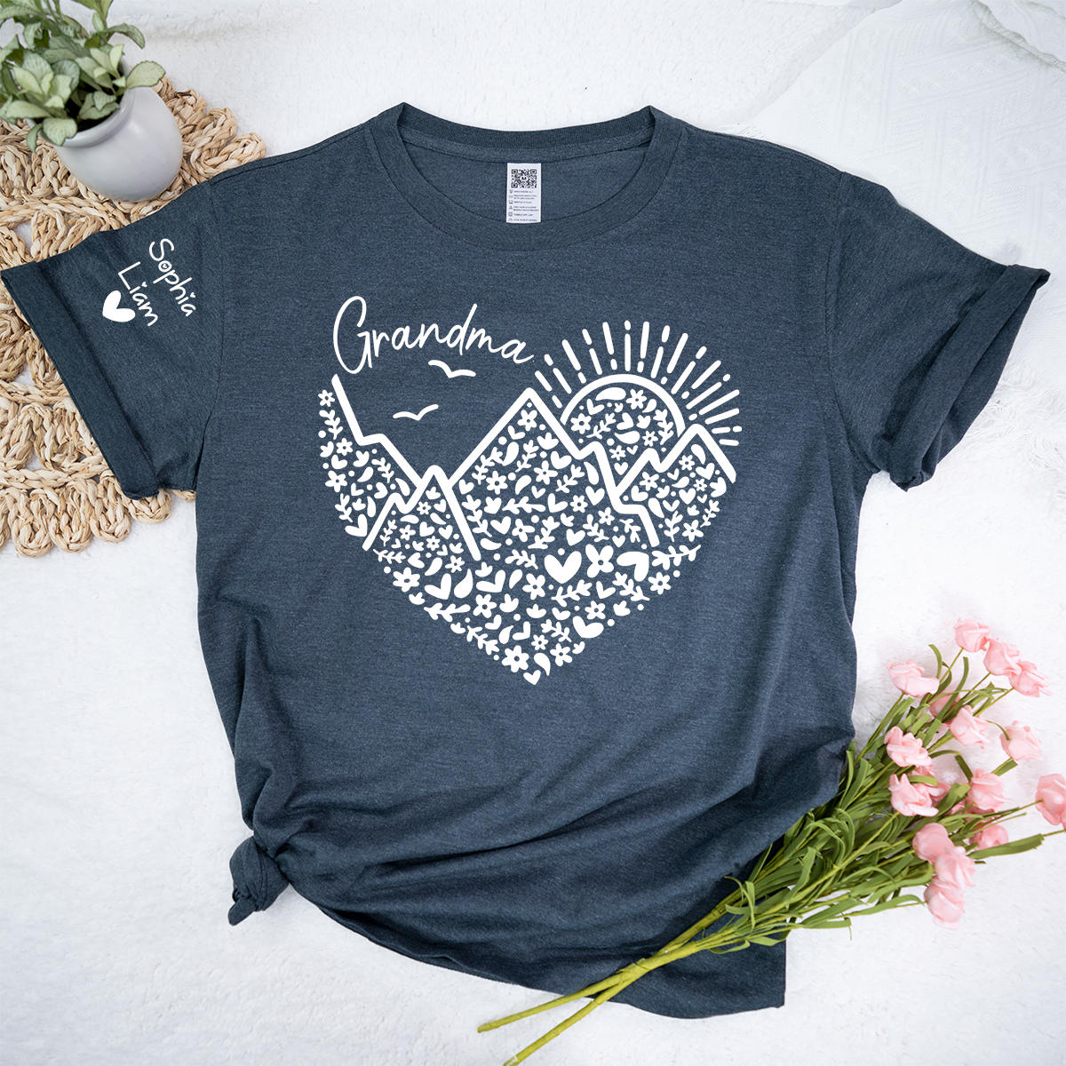 Personalized Grandma Mountain Heart Shirt, Custom Grandma T Shirt with Kids Names on Sleeve, Floral Family Gift for Women