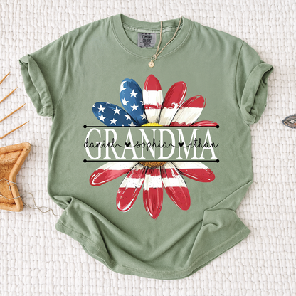 Comfort Colors Personalized Grandma Monogram Shirt, Custom Family Names Patriotic Flower T-Shirt