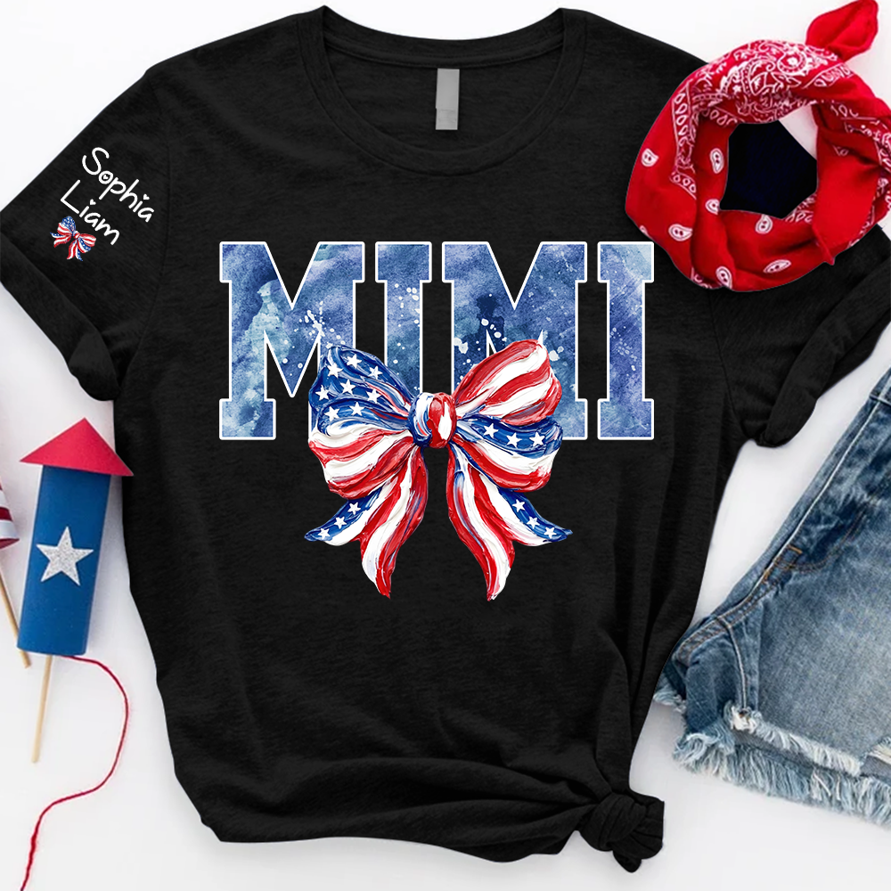 Custom Mimi Shirt with Sleeve Names, American Flag Bow Graphic Tee, Patriotic Grandma Independence Day Apparel