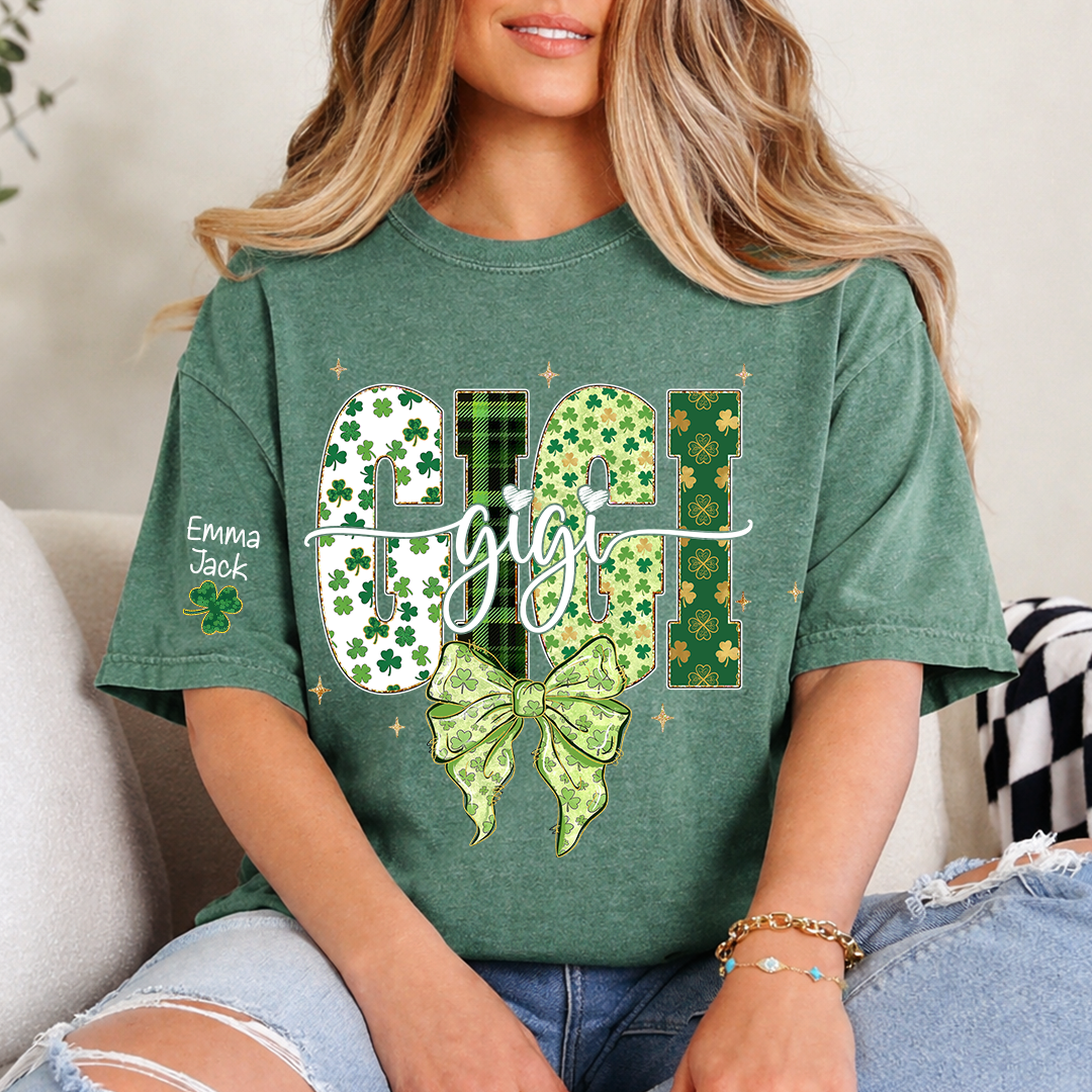 Gigi St Patrick’s Day Shirt, Shamrock Bow Green Family,T-Shirt For Gift Grandma And Kids