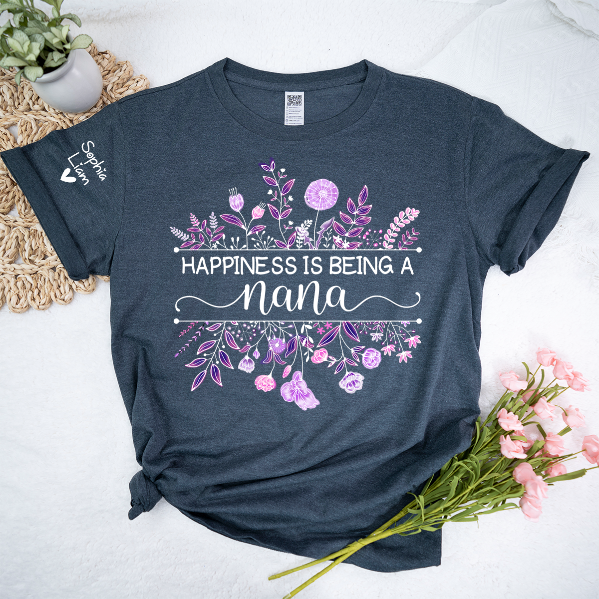 Happiness Is Being a Nana Shirt, Purple Floral Grandma Tee, Custom Nana Gift from Grandkids, Family Name Sleeve Shirt, Cute Grandma Outfit