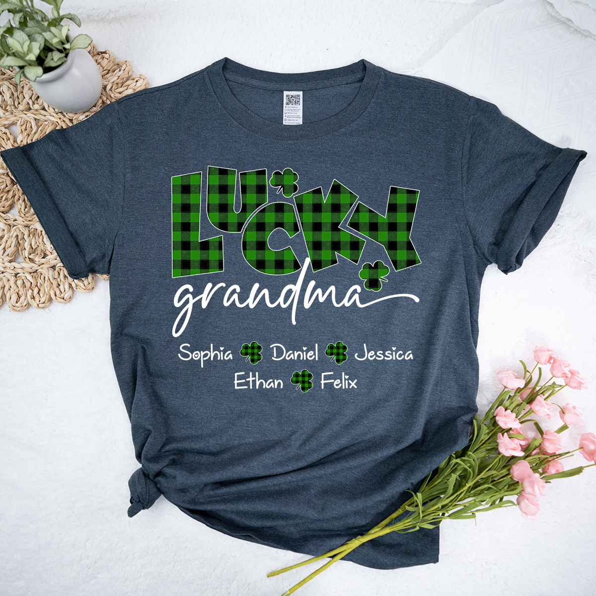 Lucky Grandma Personalized Shirt Clover Shamrock Artwork Custom Family Names St Patrick’s Day Celebration Tee