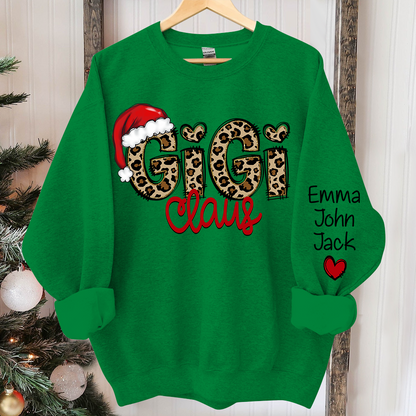 Personalized Gigi Claus Leopard Sweatshirt, Custom Grandma and Grandkids Sweatshirt