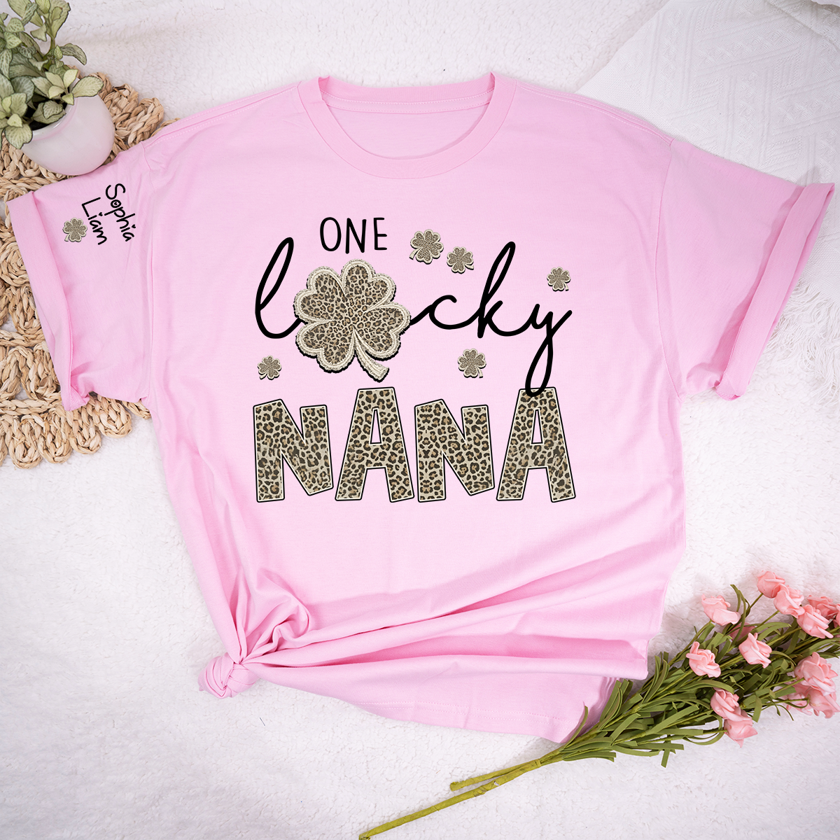 Lucky Nana Shirt, One Lucky Nana with Clover and Leopard Print, Personalized Grandma T-Shirt, St. Patrick’s Day Apparel