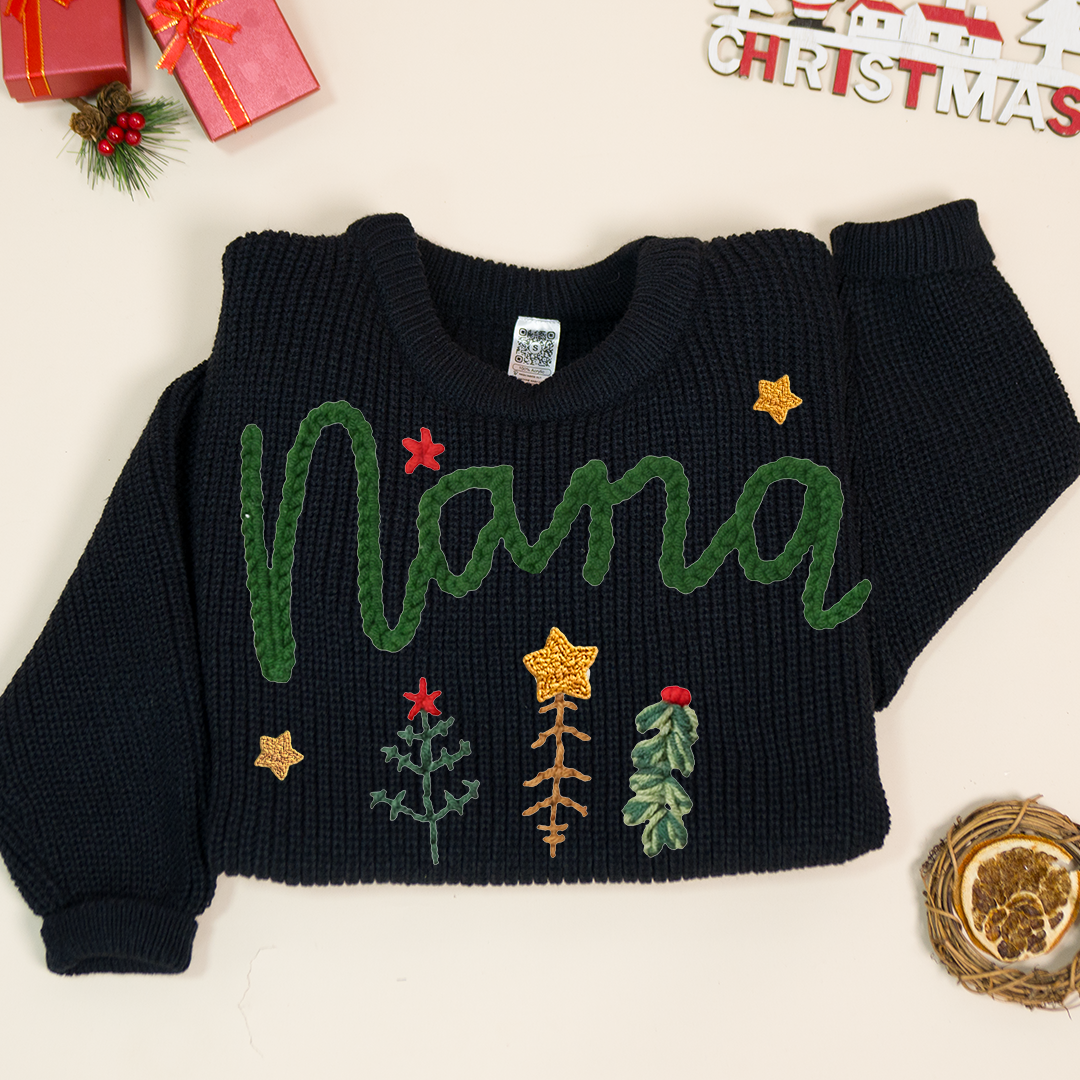 Personalized Nana Tree Hand-Embroidered Sweater, Cozy Christmas Knit Pullover, Unique Holiday Gift for Grandmas and Family