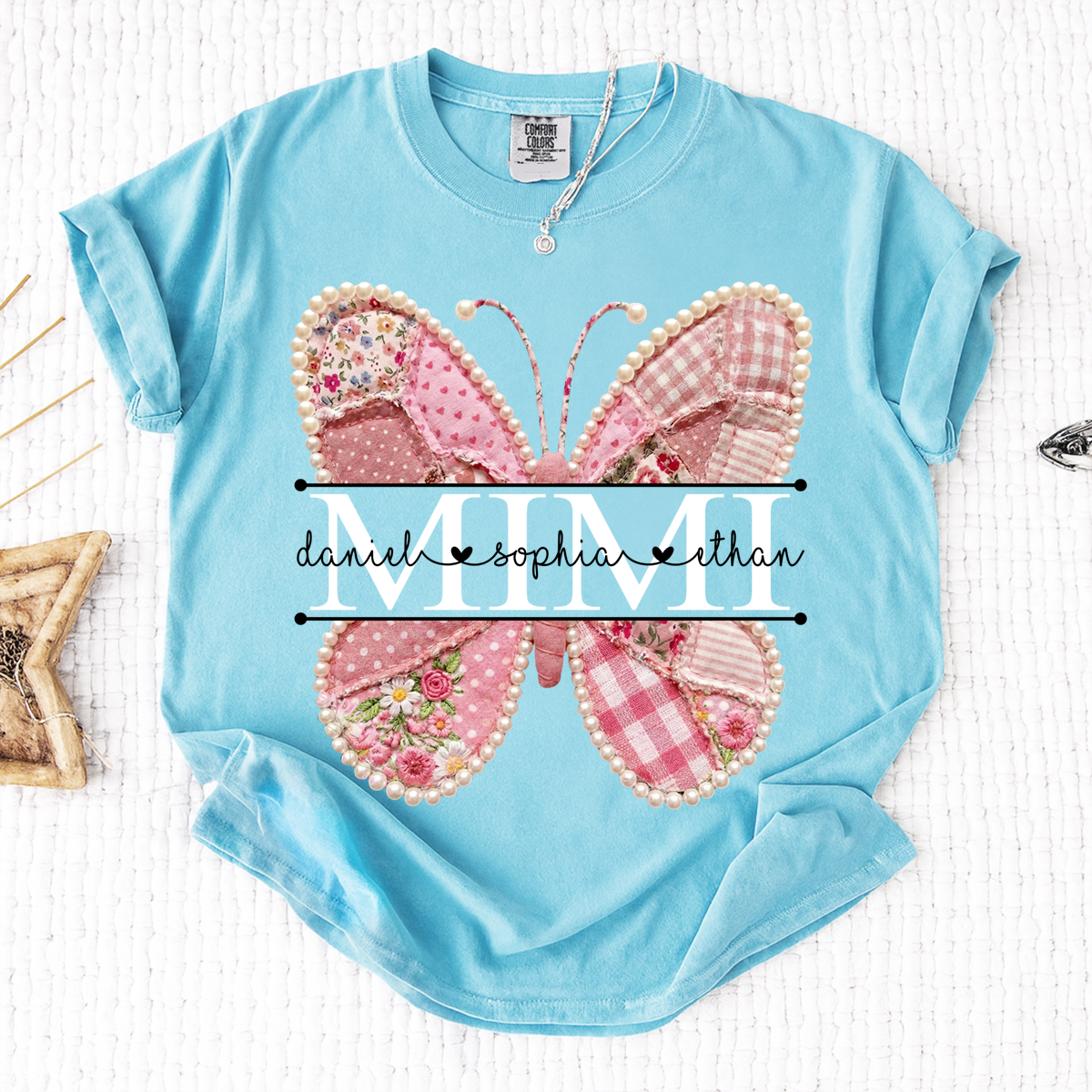 Comfort Personalized Mimi Shirt with Grandkids Names, Pink Butterfly Patchwork Design Family Tee