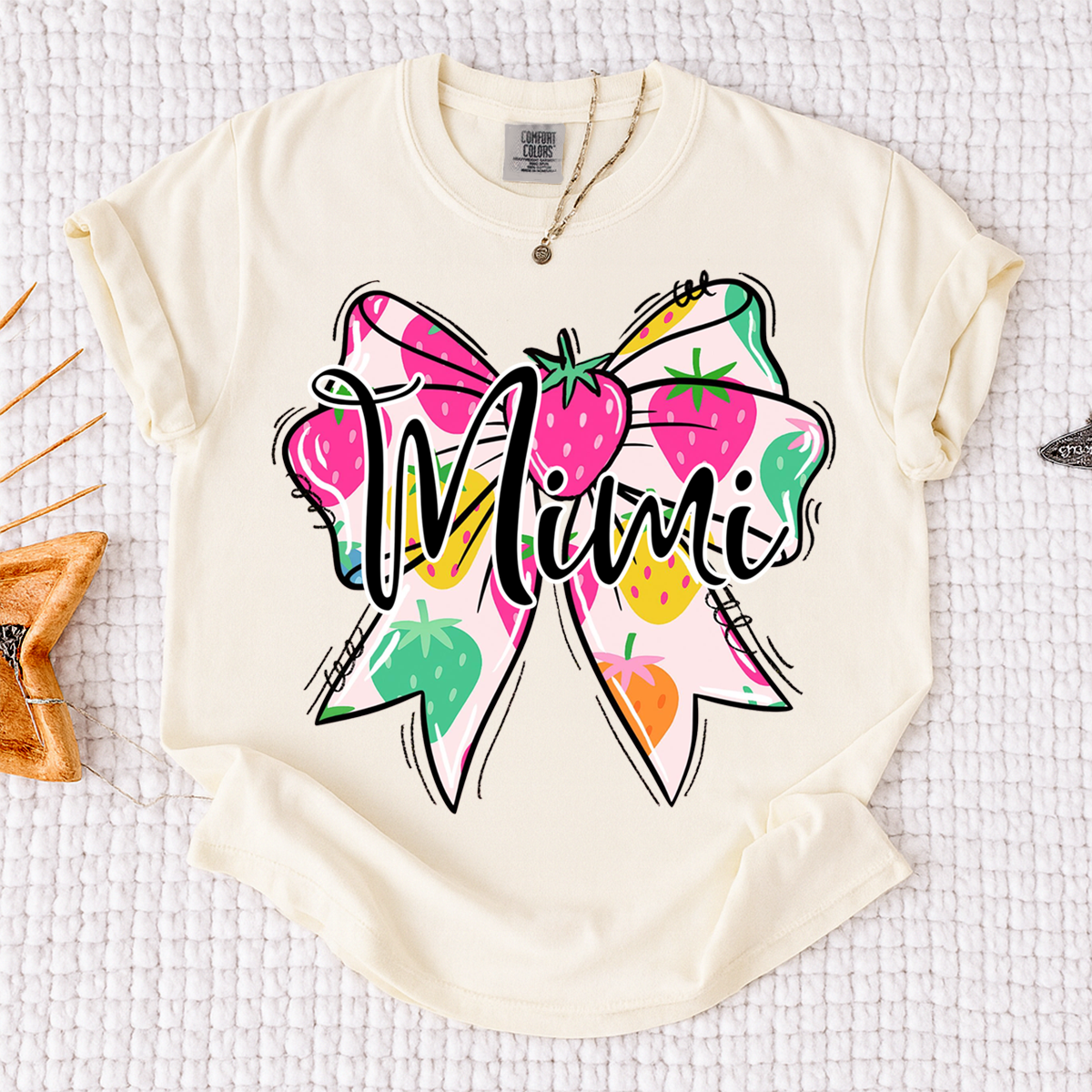 Comfort Colors® Mimi Strawberry Bow Shirt, Cute Grandma Bow Shirt for Women, Fruit Pattern Mimi Tee, Gift for Mimi And Kids