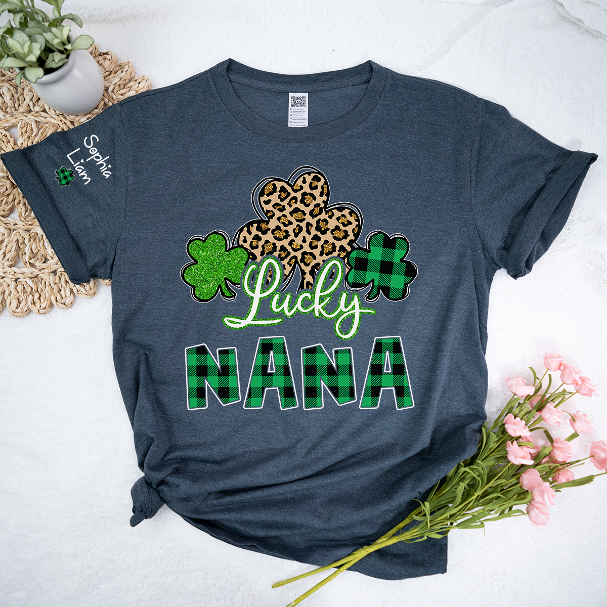 Personalized Lucky Nana T Shirt with Shamrock Pattern, St Patricks Day Grandma Shirt, Custom Name Nana Tee, Cute Irish Clover Design for Family Wear