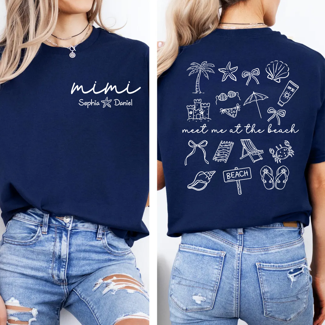 Personalized Mimi Beach Shirt with Grandkids Names, Meet Me at the Beach Back Print Tee, Custom Coastal Summer Gift for Grandma