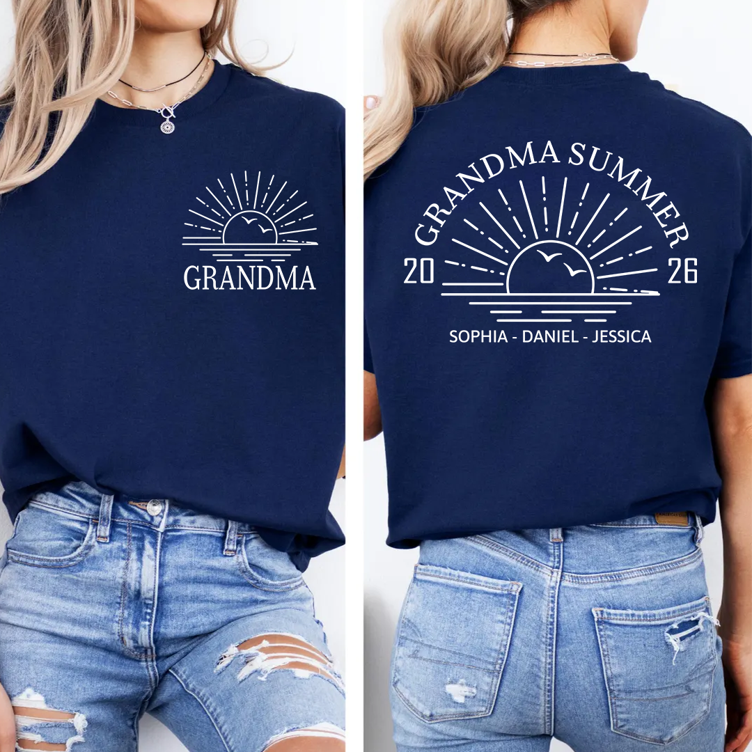 Custom Grandma Shirt with Grandchildren Names, Grandma Summer 2026 Beach Graphic Tee, Personalized Family Vacation Apparel